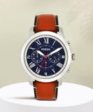 Fossil Grant Chronograph Blue Dial Brown Leather Strap Watch for Men - FS5210