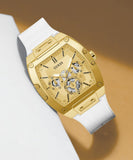 Guess Phoenix Multifunction Gold Dial White Leather Strap Watch for Men - GW0202G6