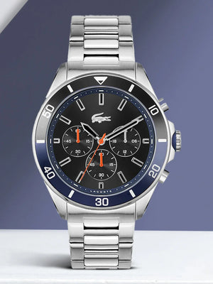 Lacoste Tiebreaker Chronograph Black Dial Silver Steel Strap Watch for Men - 2011155