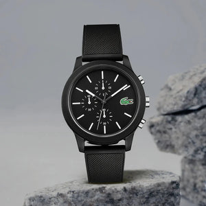 Lacoste 12.12 Chronograph Black Dial Black Silicone Strap Watch for Men - 2010972