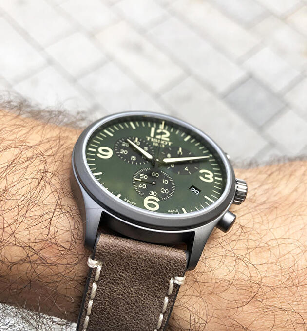 Tissot T Sport Chrono XL Green Dial Brown Leather Strap Watch For Men - T116.617.36.097.00