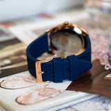 Guess Cubed Analog Rose Gold Dial Blue Leather Strap Watch For Women - GW0665L2