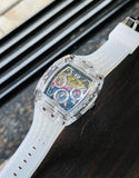 Guess Phoenix Polycarbonate Clear Multi-function Black Dial Clear Rubber Strap Watch for Men - GW0499G3
