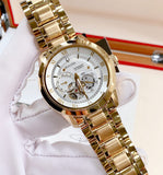Bulova BVA Skeleton Silver Dial Gold Steel Strap Watch for Men - 97A108