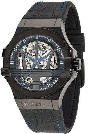 Maserati Potenza Automatic Black Dial Black Leather Strap Watch For Men - R8821108009