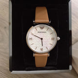 Emporio Armani Gianni T-Bar White Dial Brown Leather Strap Watch for Women - AR1988