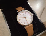 Emporio Armani Gianni T-Bar White Dial Brown Leather Strap Watch for Women - AR1988