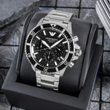 Emporio Armani World Explorer Black Dial Silver Steel Strap Watch for Men - AR11739