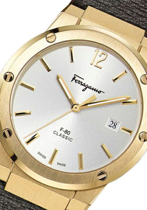 Salvatore Ferragamo F-80 Classic White Dial Brown Leather Strap Watch for Men - SFDT00819