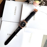 Versace V-Motif Vintage Logo Black Dial Black Leather Strap Watch for Women - VERE00818