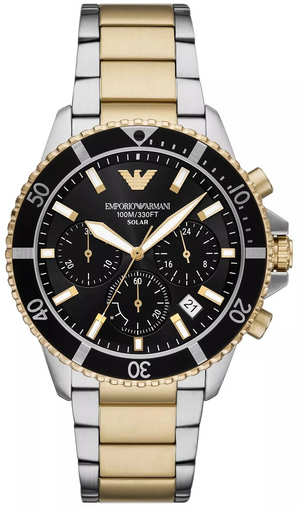 Emporio Armani World Explorer Solar Powered Chronograph Black Dial Two Tone Steel Strap Watch for Men - AR11680